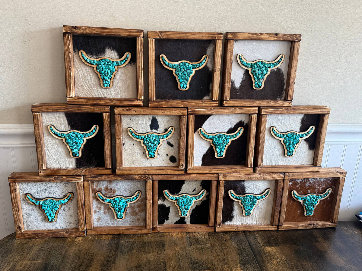 Small Stone Inlay Steer Skull Framed Cowhide Sign