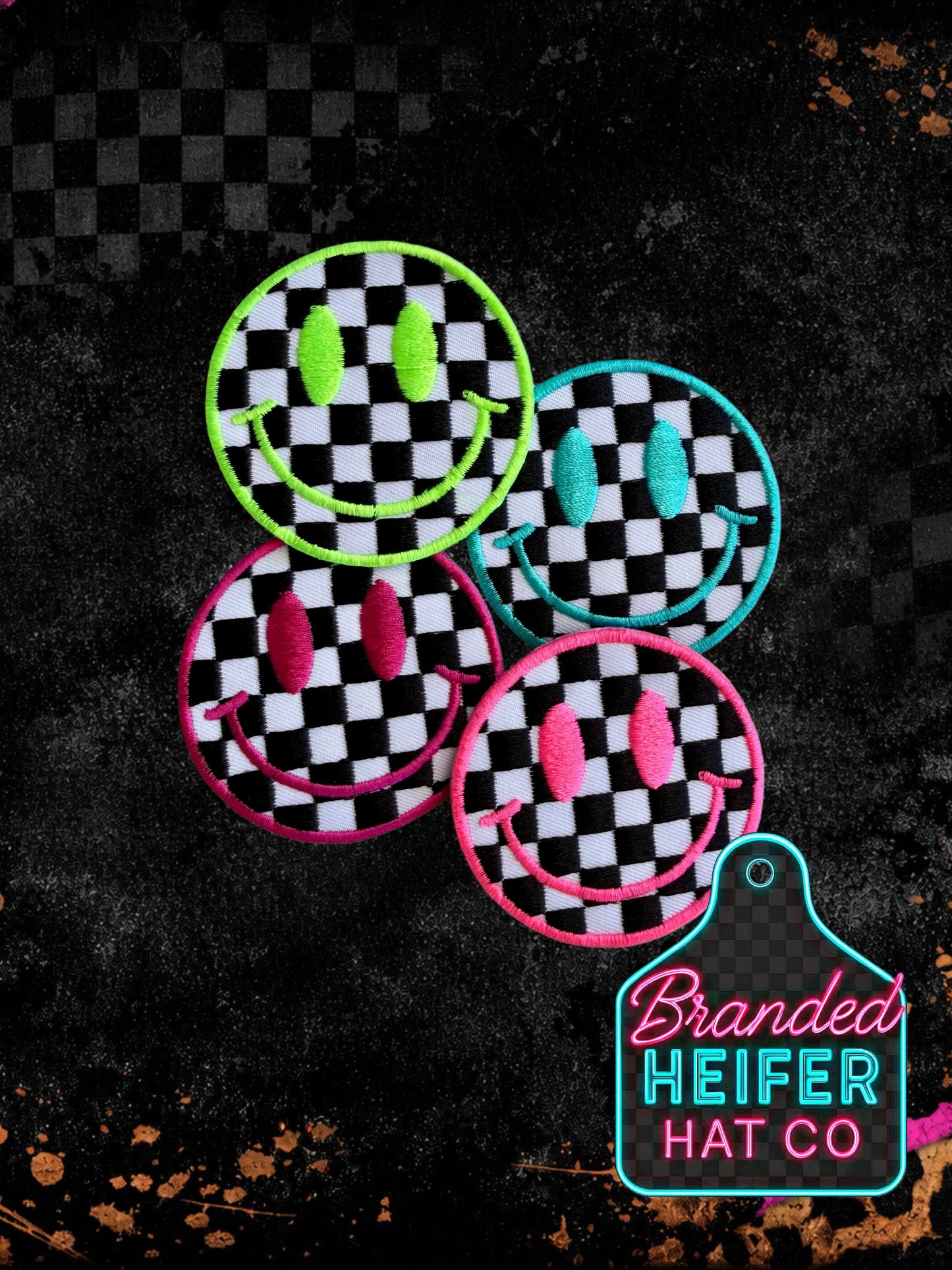 CHECKERED NEON SMILE FACE | EMBROIDERY PATCH