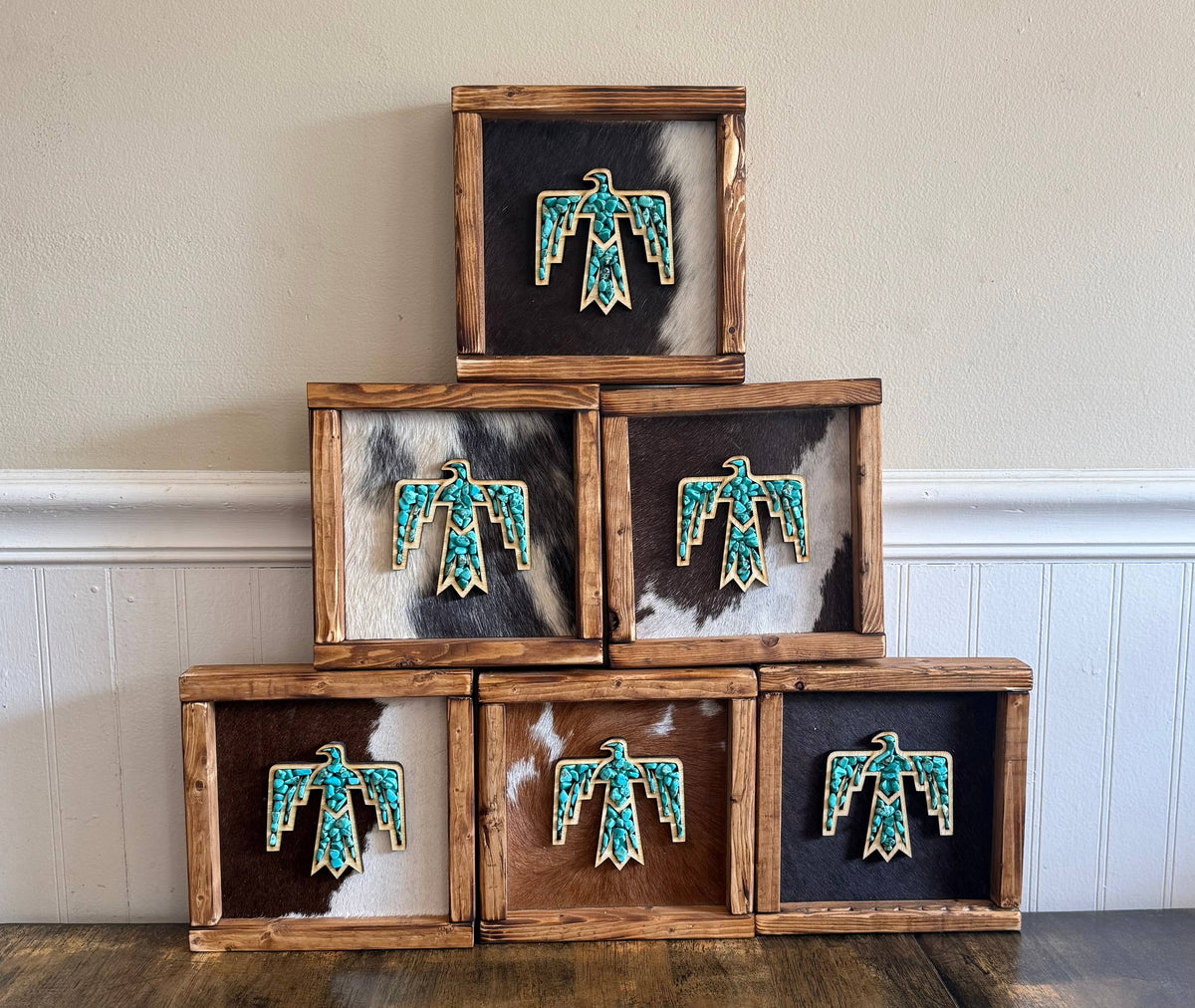Small Stone Inlay Thunderbird Framed Cowhide Sign