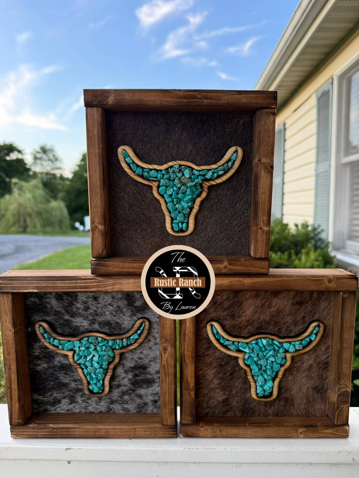Small Stone Inlay Steer Skull Framed Cowhide Sign 