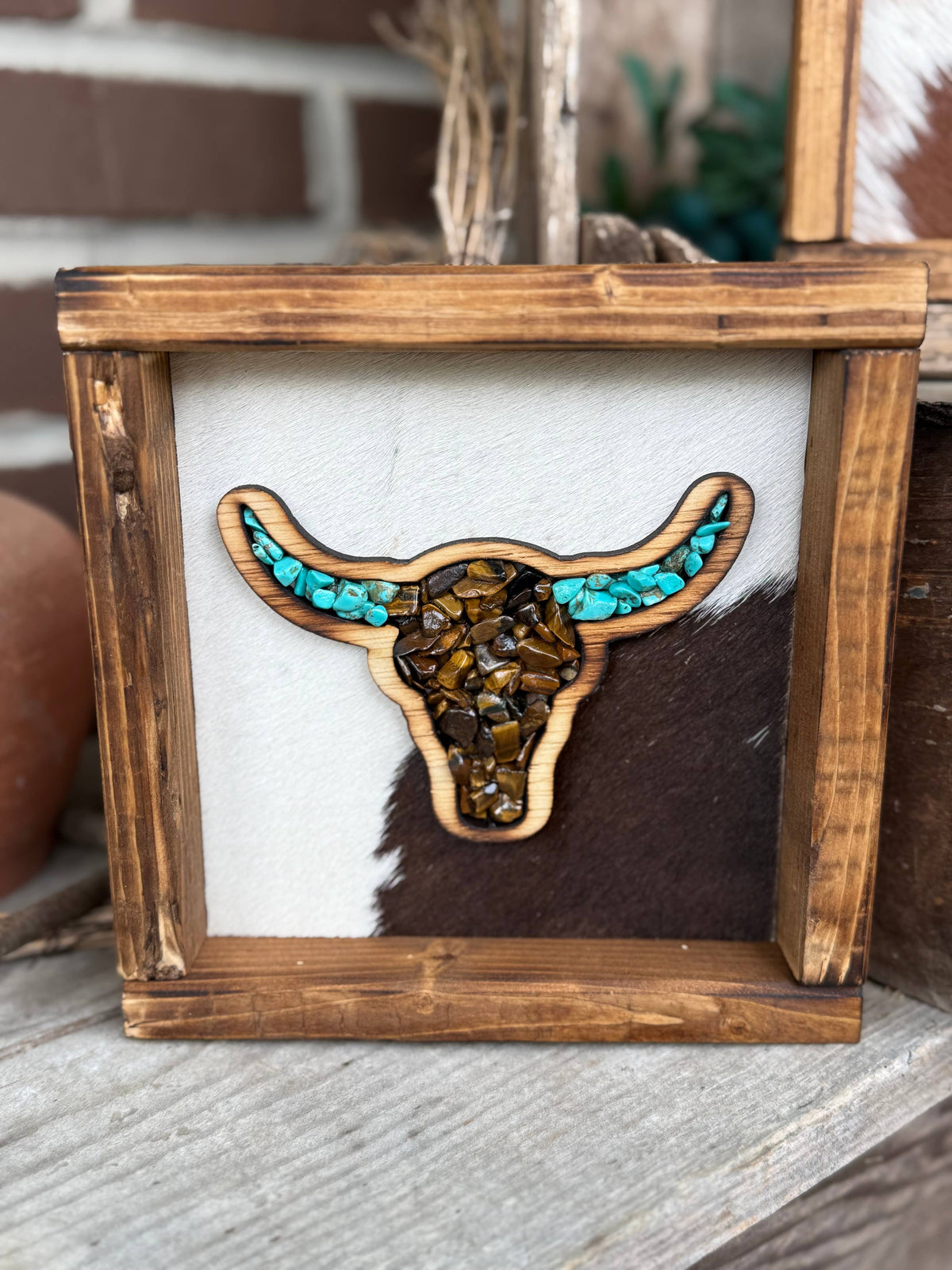 Small Stone Inlay Steer Skull Framed Cowhide Sign 