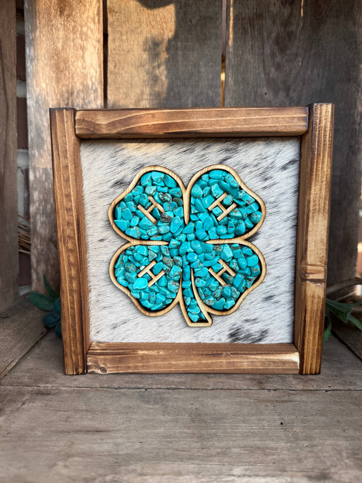 4-H Clover Stone Inlay Framed Cowhide Sign