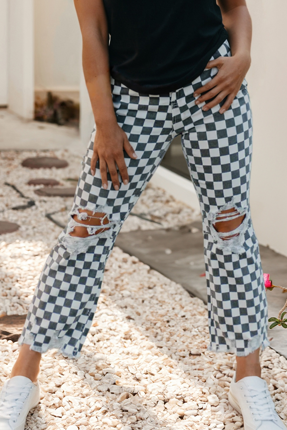 Western Plaid Distressed Holes Raw Edge Cropped Jeans