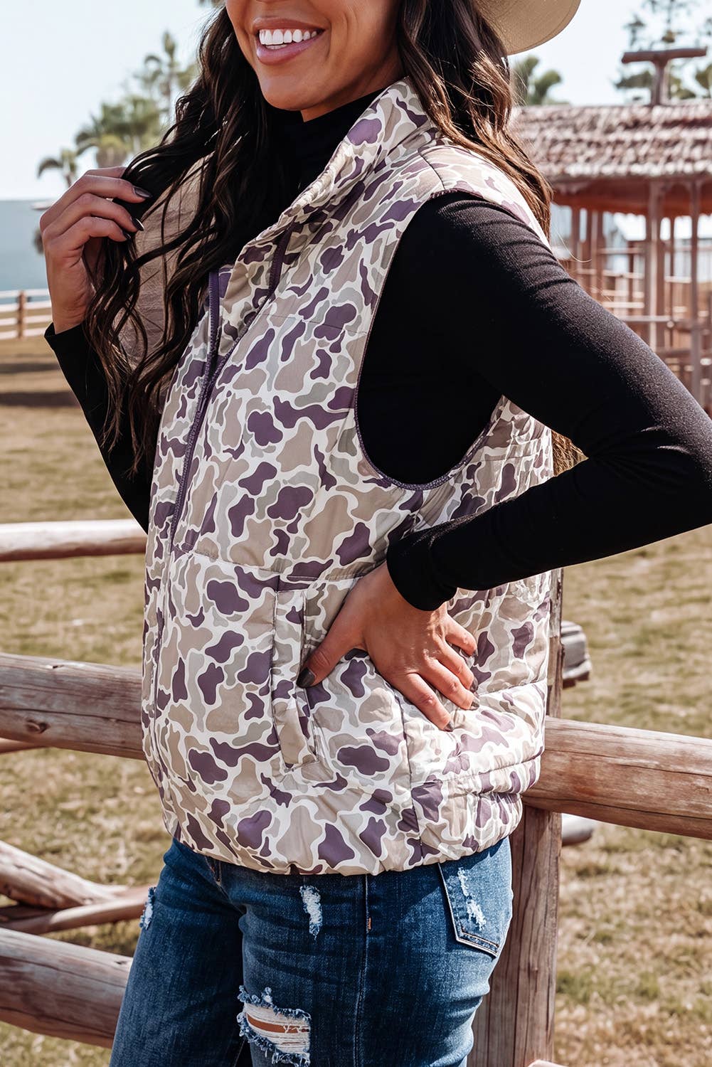 Camouflage Puffer Zip-up Stand Neck Sleeveless Vest