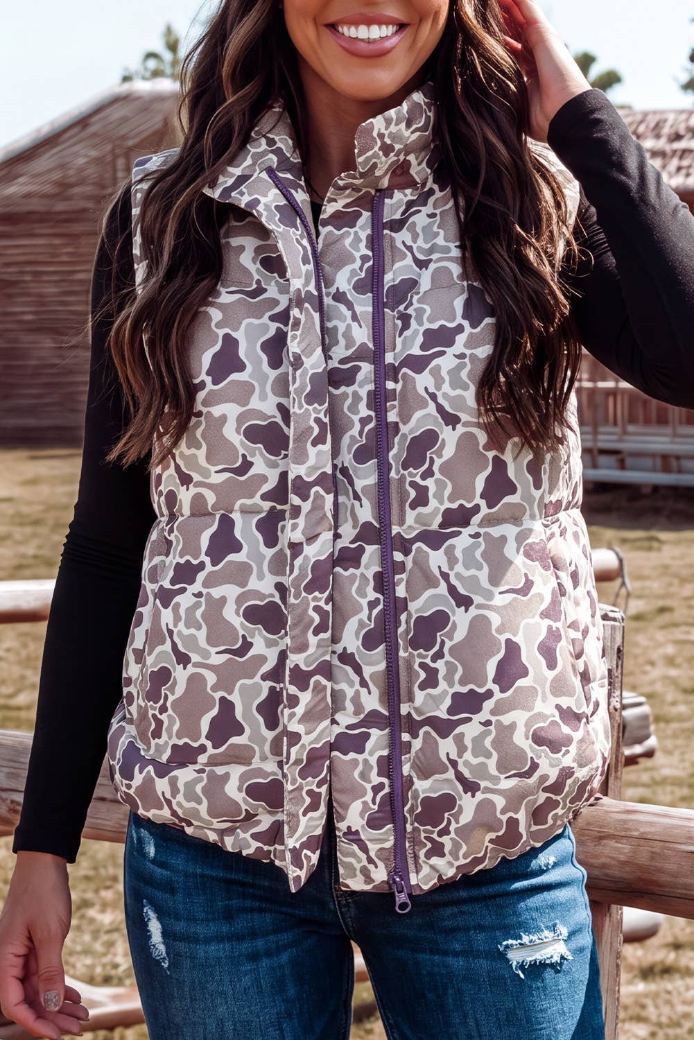 Camouflage Puffer Zip-up Stand Neck Sleeveless Vest