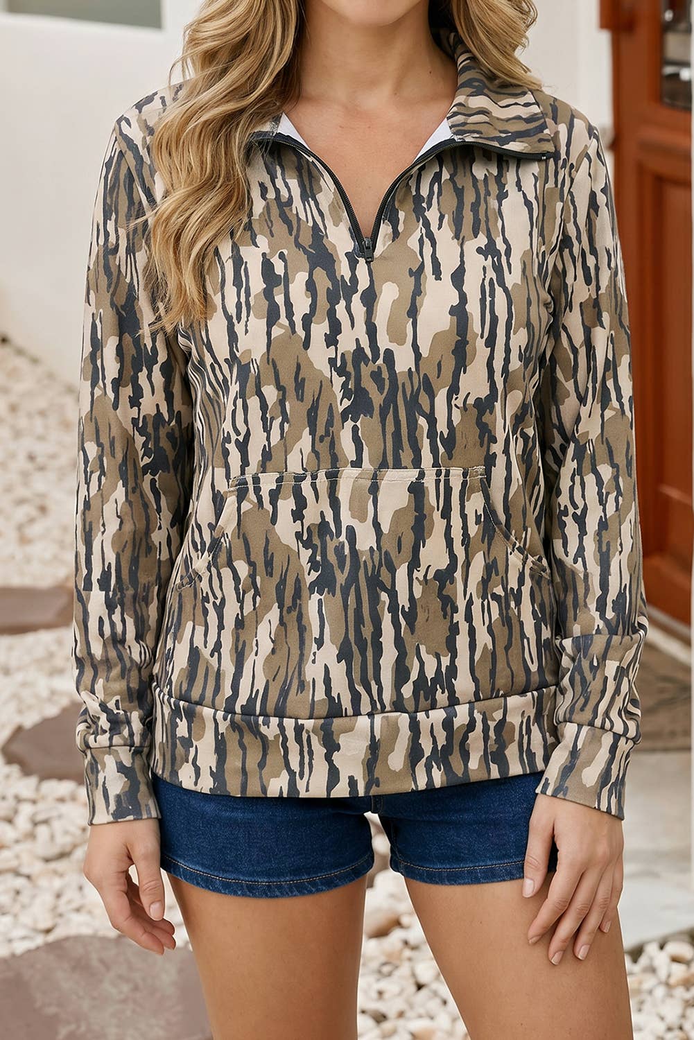 LDC Camouflage Quarter Zip Long Sleeve Pullover Sweatshirt