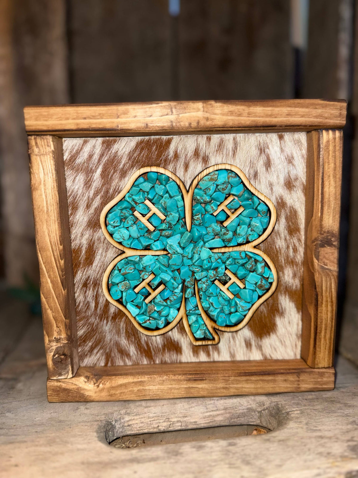 4-H Clover Stone Inlay Framed Cowhide Sign