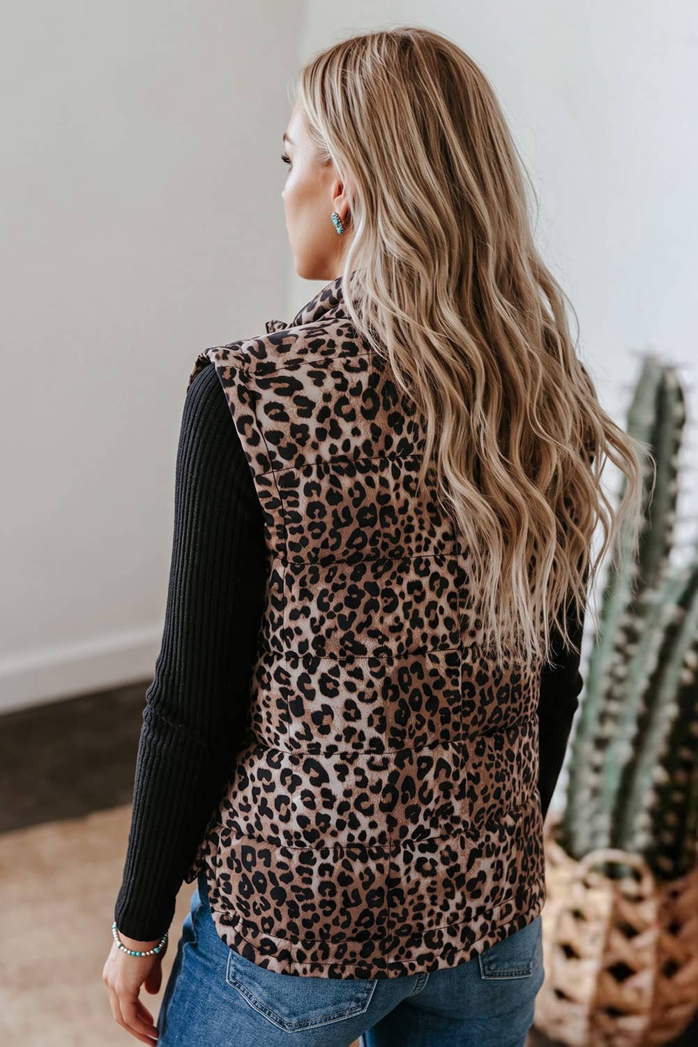 Western Leopard Quilted Full Zipper Casual Puff Vest