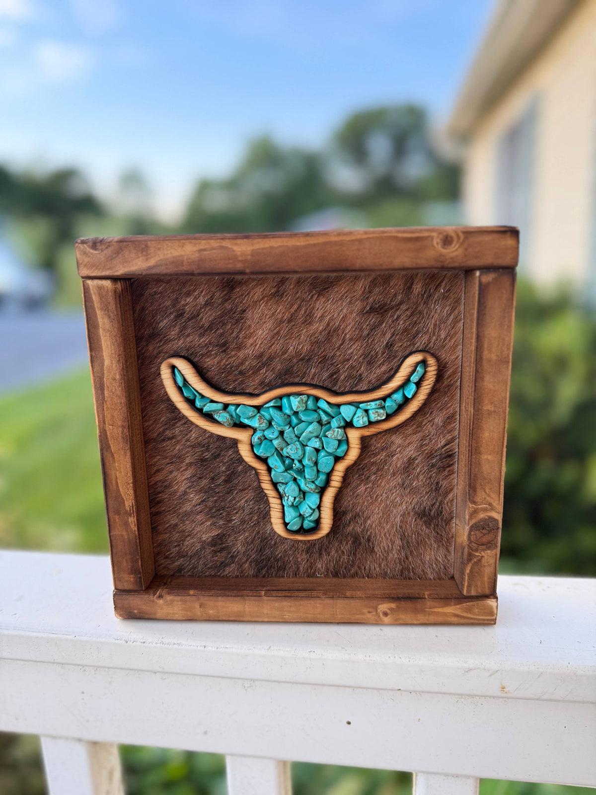 Small Stone Inlay Steer Skull Framed Cowhide Sign 