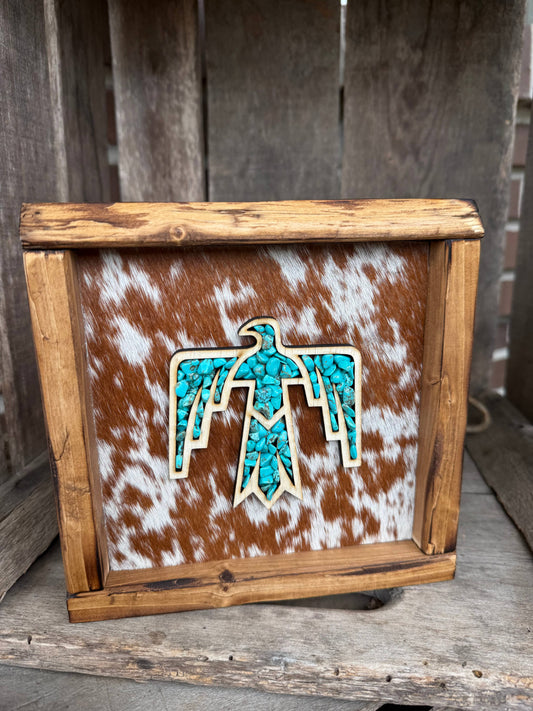 Small Stone Inlay Thunderbird Framed Cowhide Sign