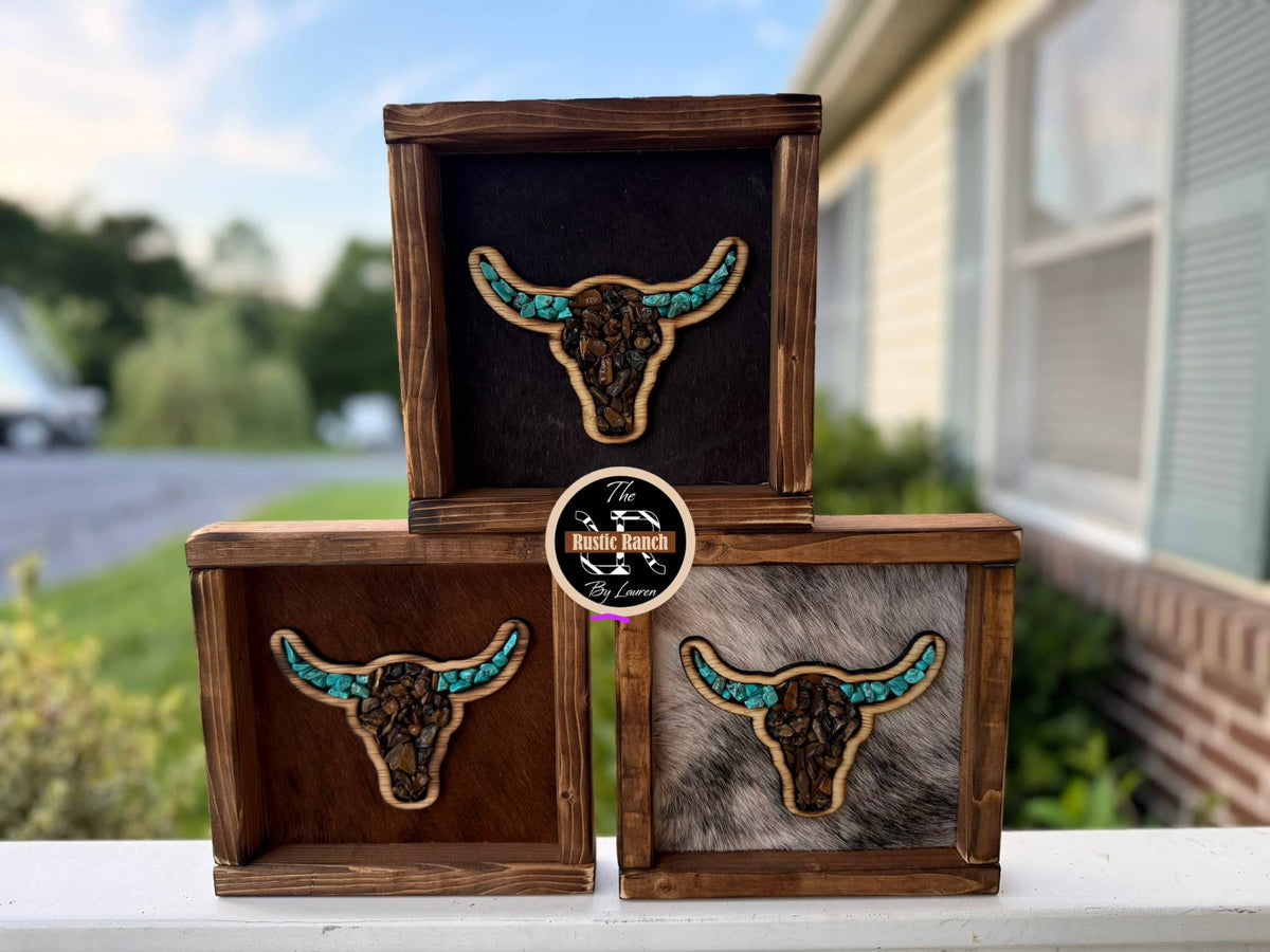 Small Stone Inlay Steer Skull Framed Cowhide Sign 