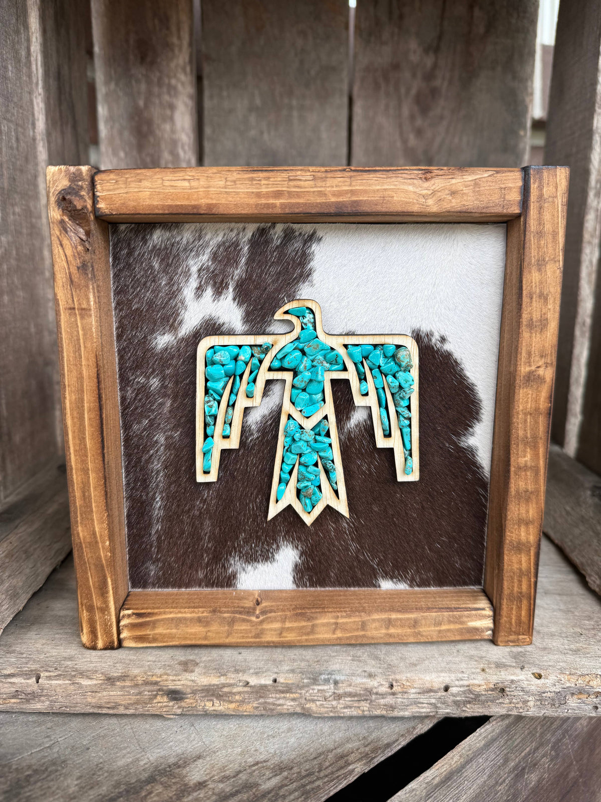 Small Stone Inlay Thunderbird Framed Cowhide Sign
