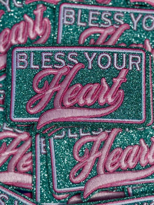 Turquoise bless your heart, glitter embroidery patch