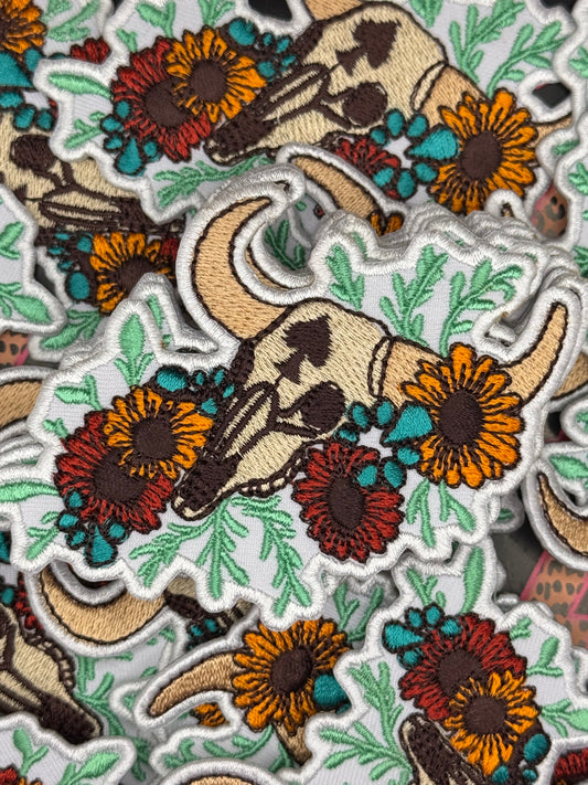 Floral cow skull embroidery patch