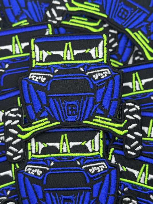 Electric blue and neon green SxS embroidery patch