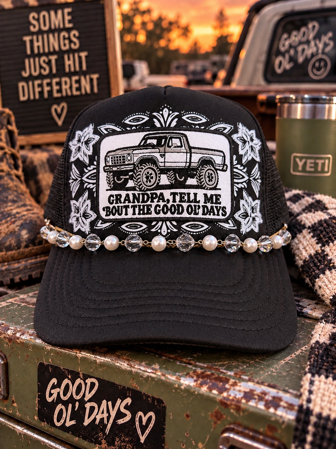 TELL ME BOUT THE GOOD OL DAYS BLACK VERSION TRUCKER HAT