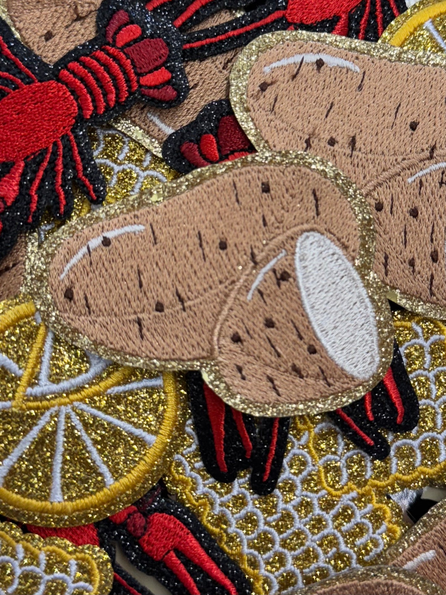 Crawfish filler glitter embroidery patches
