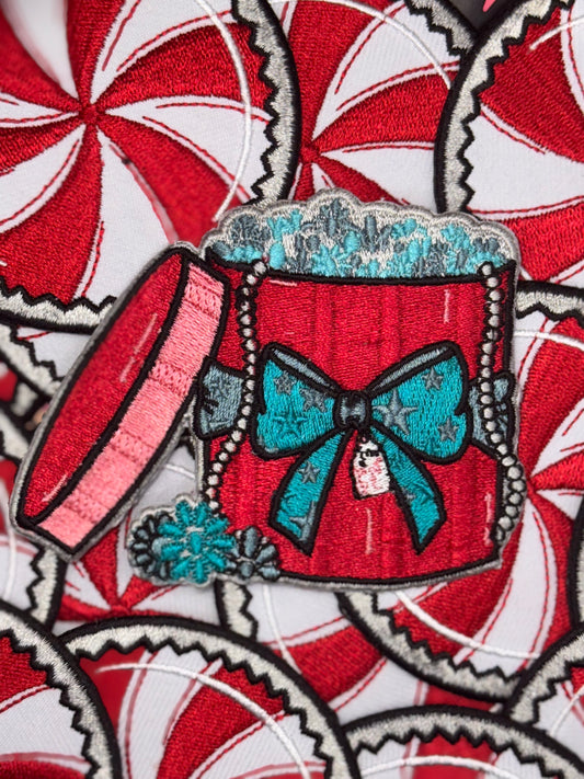 Turquoise gift box embroidery patch
