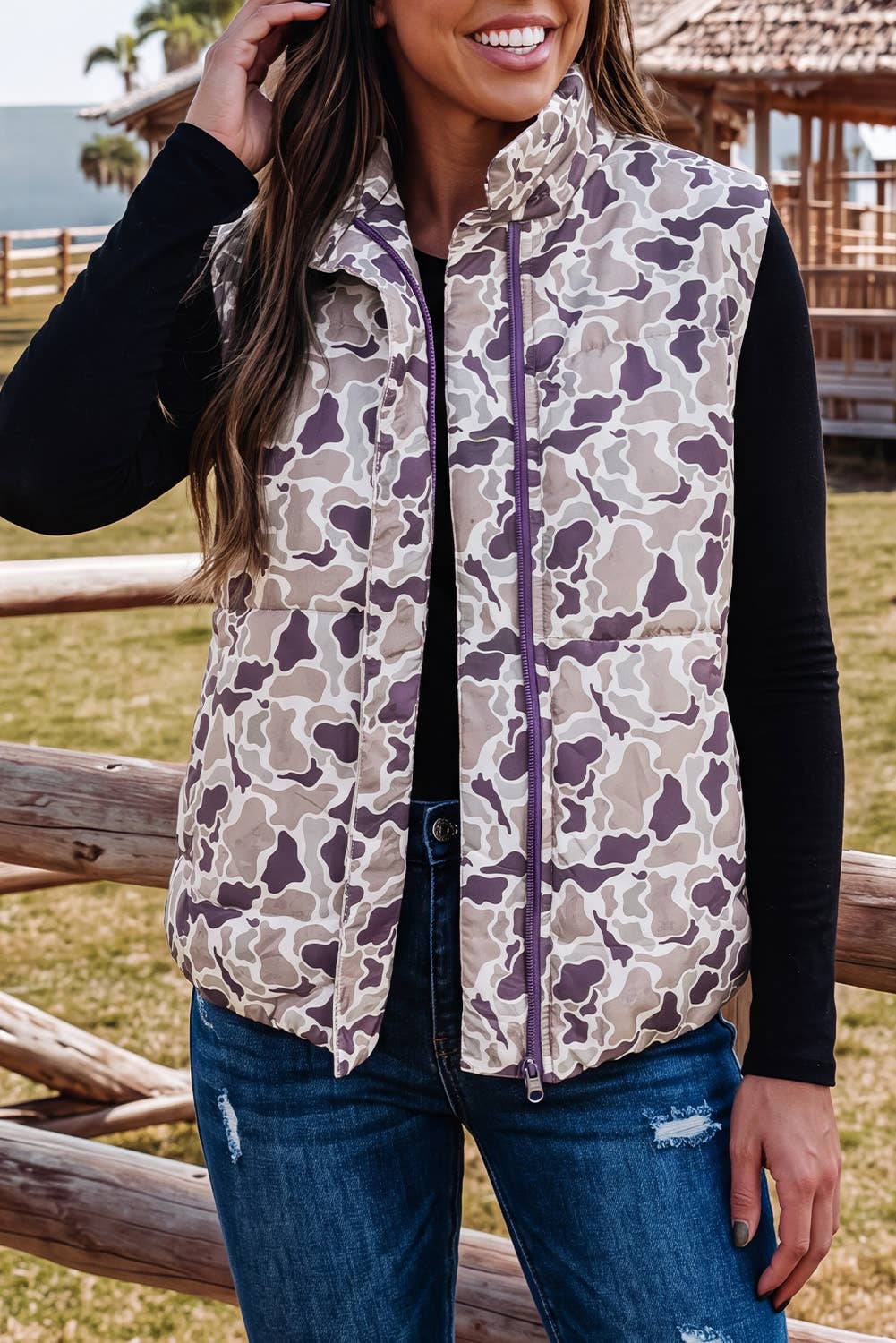 Camouflage Puffer Zip-up Stand Neck Sleeveless Vest
