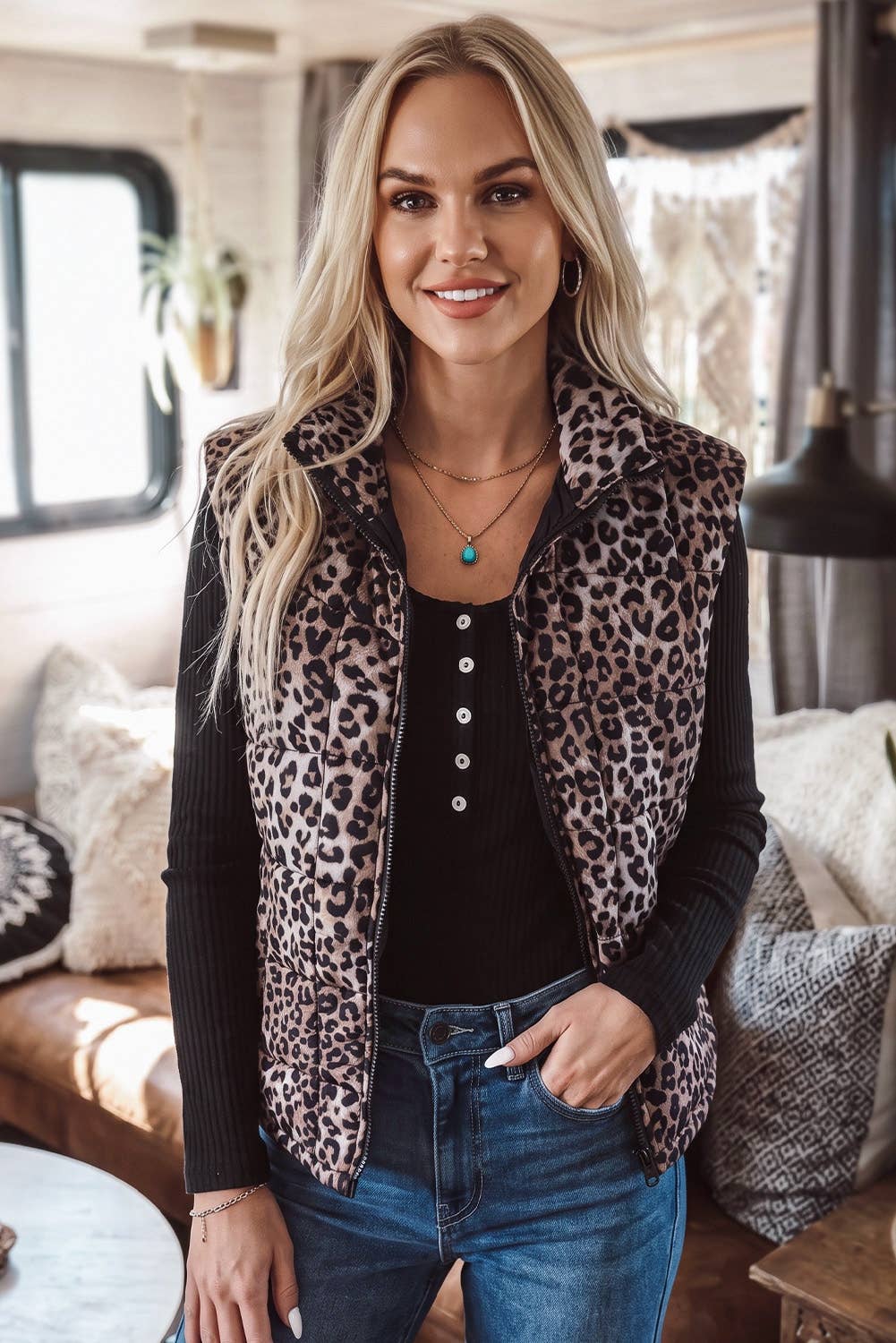 Western Leopard Quilted Full Zipper Casual Puff Vest