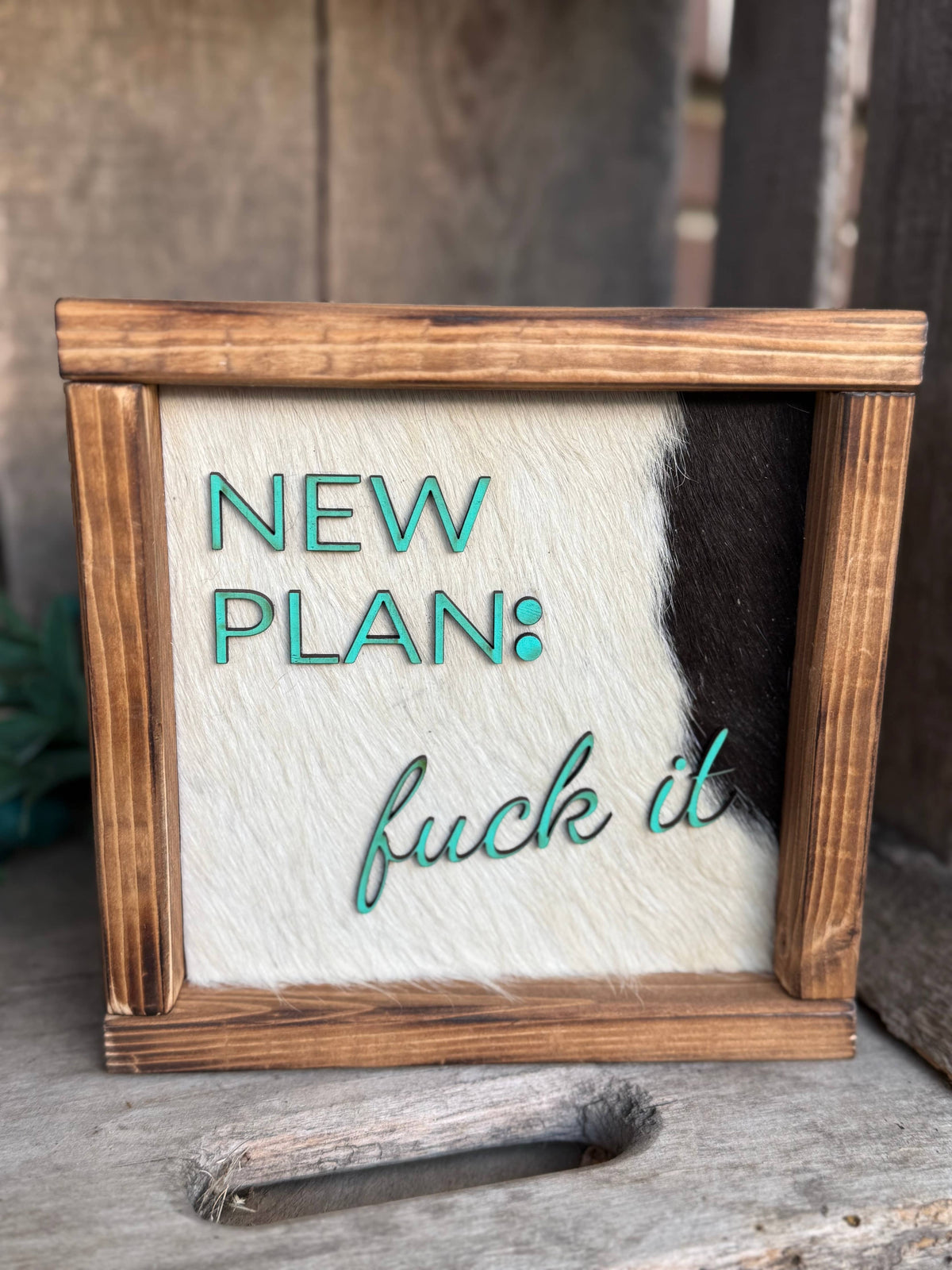 New Plan Framed Cowhide Sign 