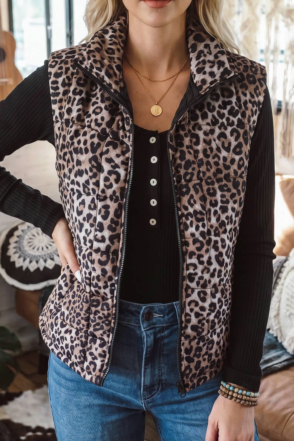 Western Leopard Quilted Full Zipper Casual Puff Vest
