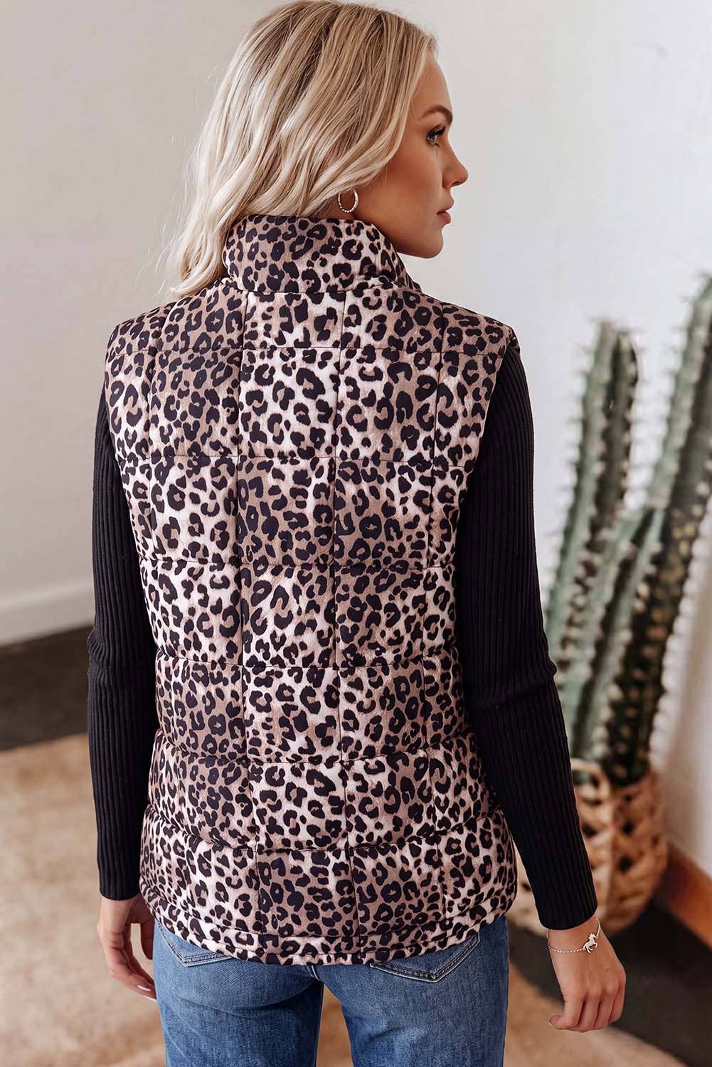 Western Leopard Quilted Full Zipper Casual Puff Vest
