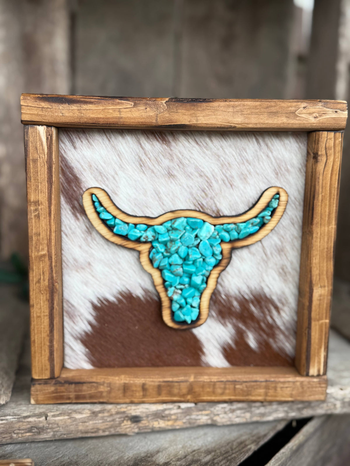 Small Stone Inlay Steer Skull Framed Cowhide Sign 