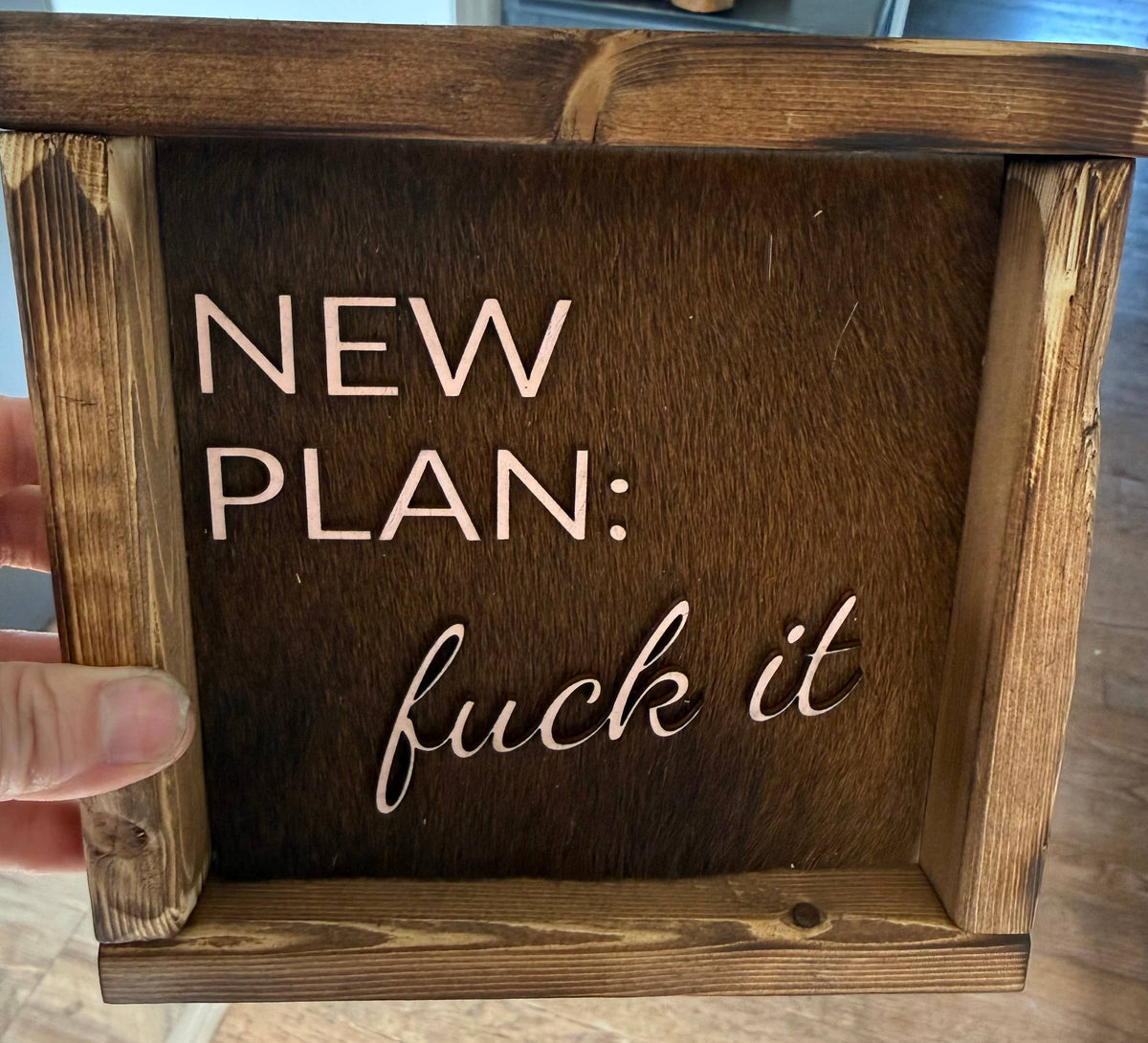 New Plan Framed Cowhide Sign 