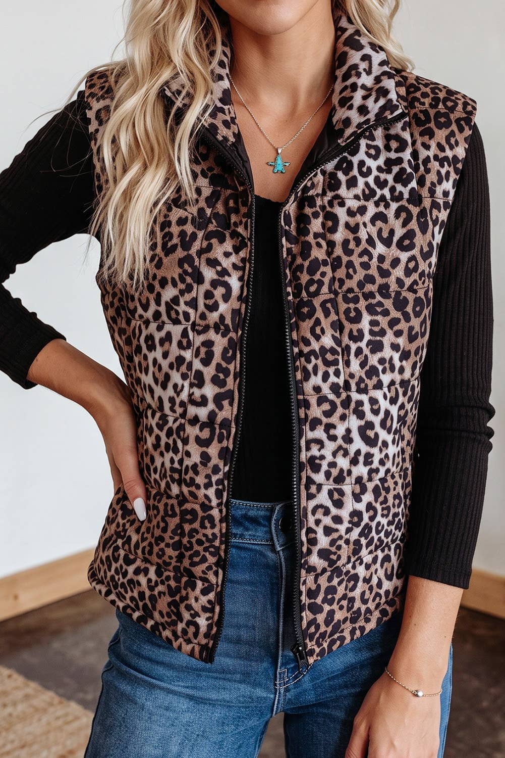Western Leopard Quilted Full Zipper Casual Puff Vest