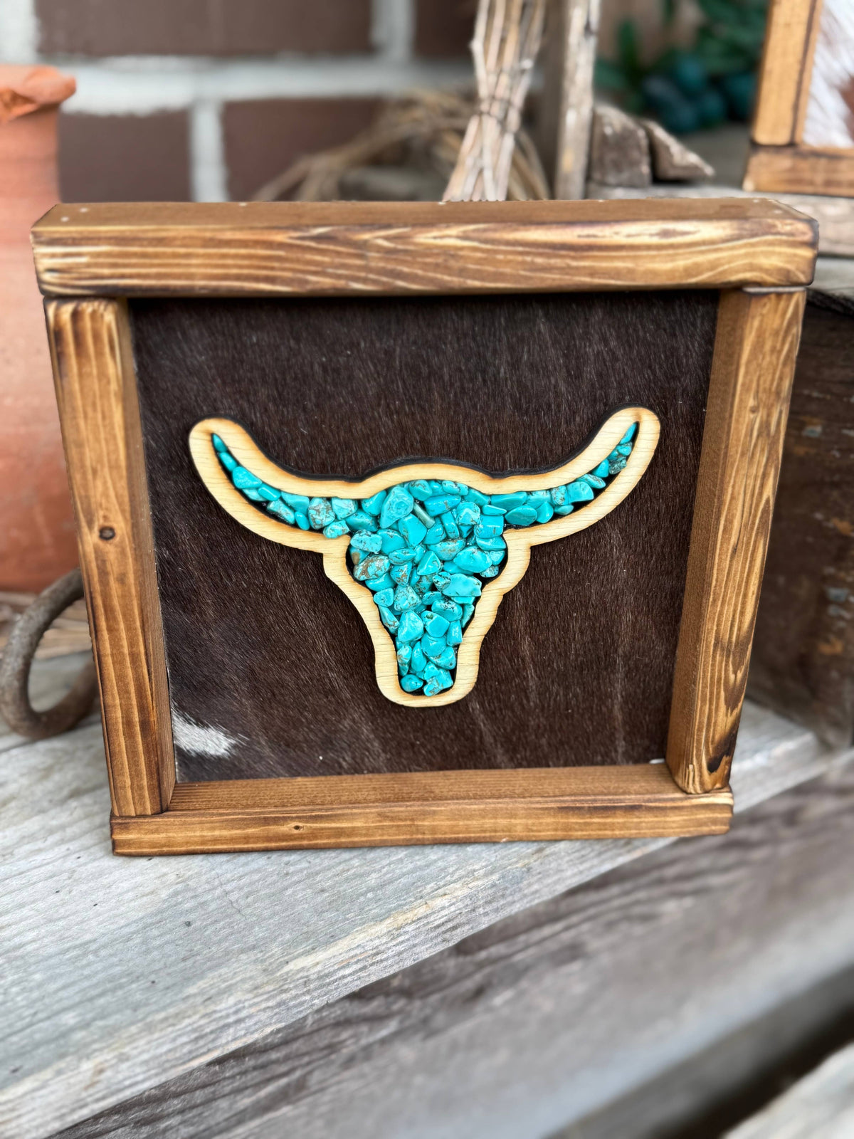 Small Stone Inlay Steer Skull Framed Cowhide Sign 