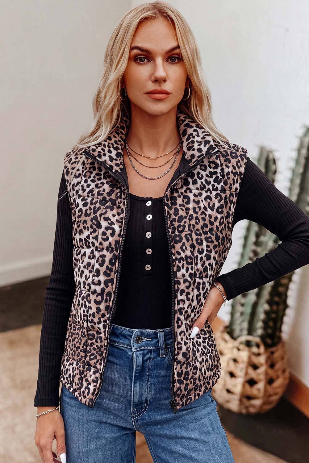 Western Leopard Quilted Full Zipper Casual Puff Vest