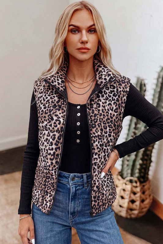 Western Leopard Quilted Full Zipper Casual Puff Vest