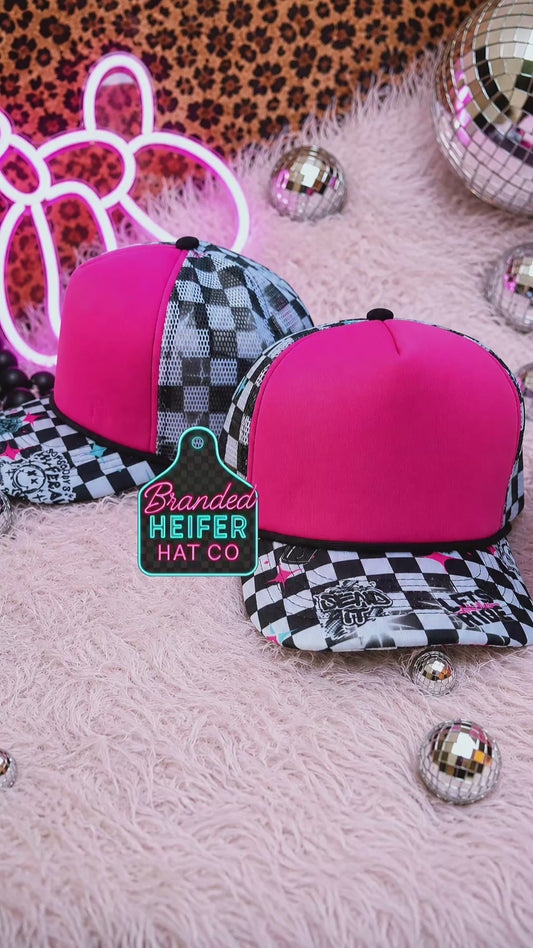 HOT PINK FERAL CHECKERED HIDE-A-PONY FOAM TRUCKER HAT